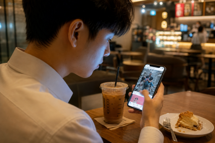 Seorang anak muda duduk sendirian di kafe modern sambil menggulir layar ponsel yang menampilkan video krisis kemanusiaan di Gaza, dengan es kopi dan pastry di atas meja.