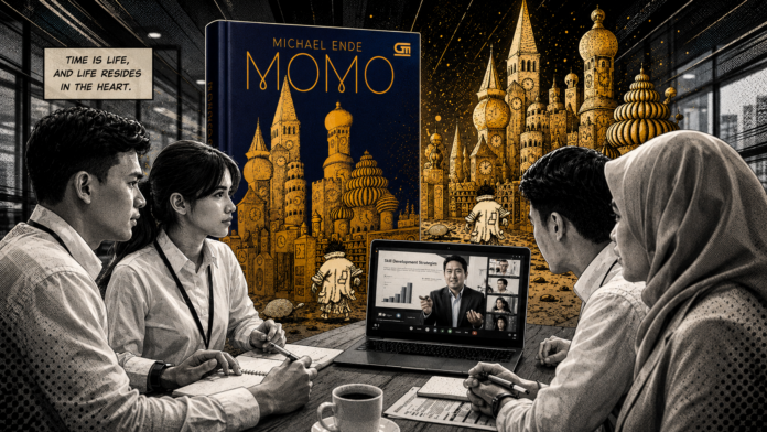 Ilustrasi pop-art cinematic bergaya hitam-putih menampilkan empat profesional muda berdiskusi di ruang meeting modern sambil melihat laptop, dengan cover buku MOMO karya Michael Ende tampil utuh berwarna biru tua dan emas di latar, berpadu dengan kota fantasi penuh menara jam.